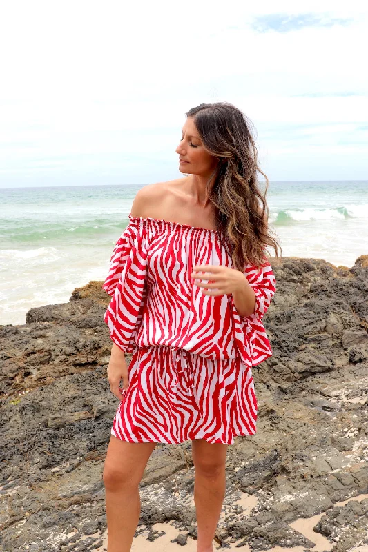 Holiday Dreaming Short Beach Dress/Top In Zebra Red Laid - back Women's Style