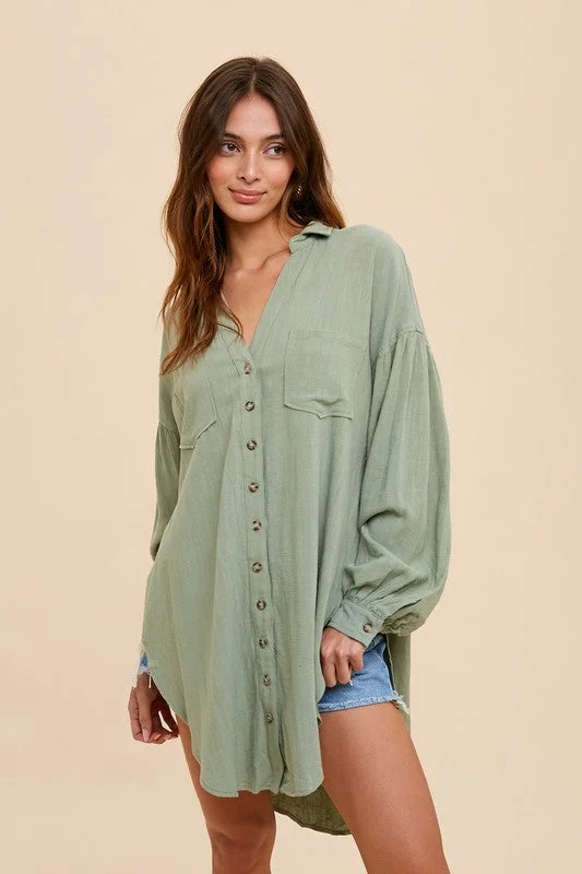 Lily Sage Linen Button-down Trendy Women's 