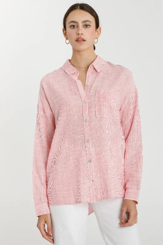 Shoreline Thin Stripe Button Down Top in Coral Refined Women's Hand - crafted