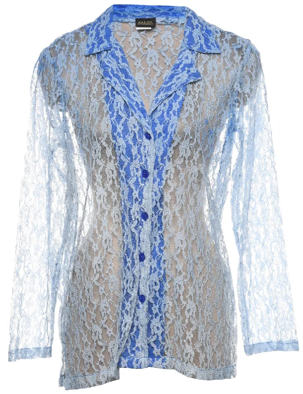 Sheer Blue Lace Evening Blouse - L Relaxed Women's Beachy