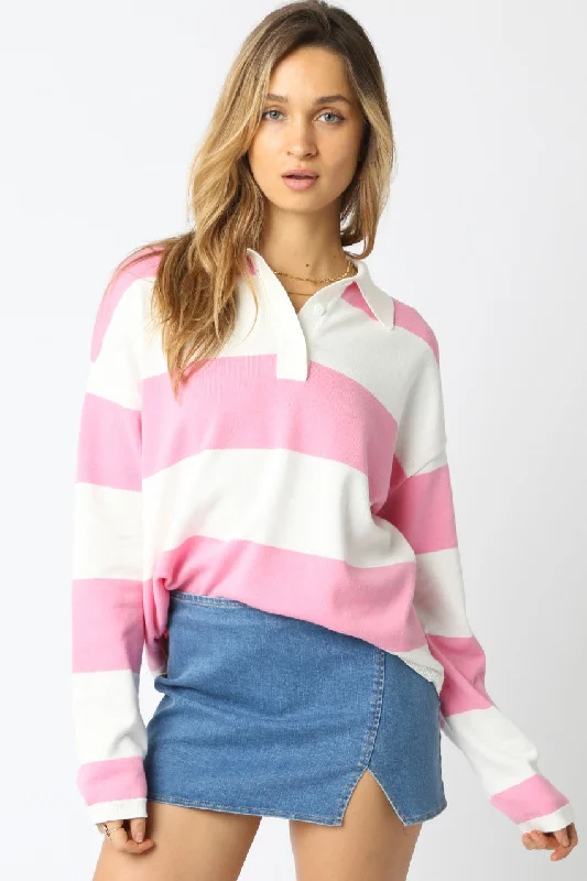 Spring Time Pink and White Rugy Sweater Relaxed Women's 