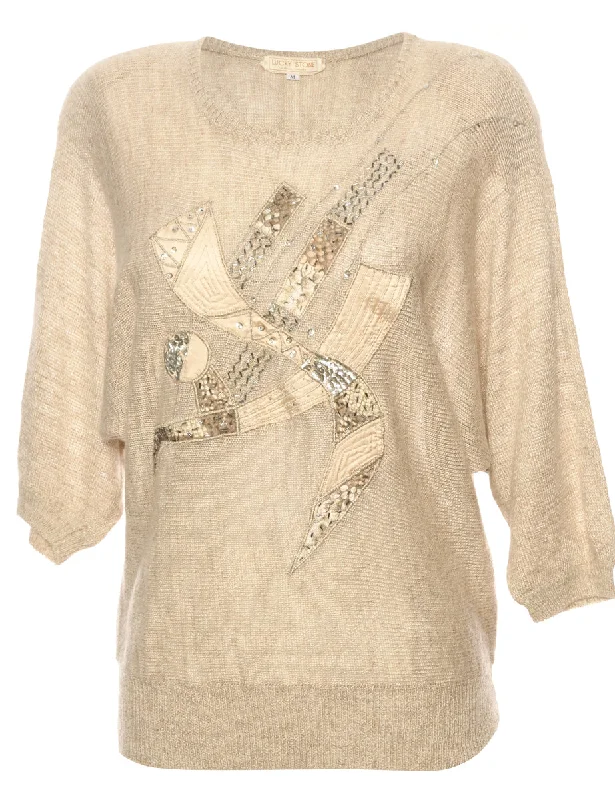 Beaded Cream Jumper - L Cozy Women's Winter