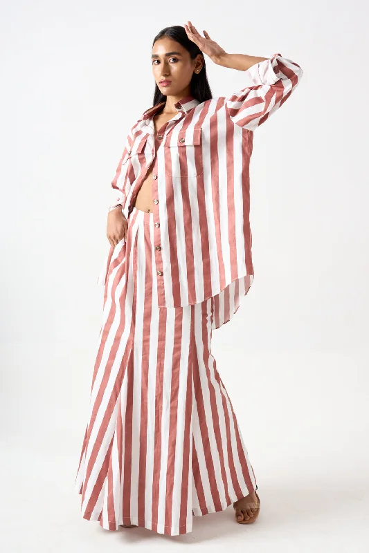 Stripped Collared  Oversized Shirt Classic Women's Pin - striped