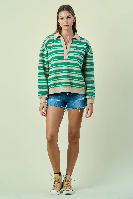Riviera Collared Green Striped Pull Over Athletic Women's 
