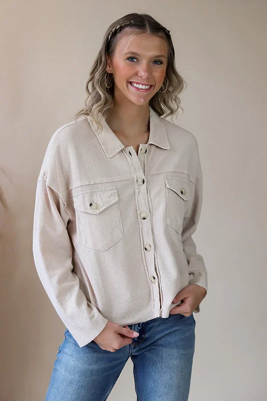 Waffle Cream Cropped Button-down Dapper Women's Bow - adorned