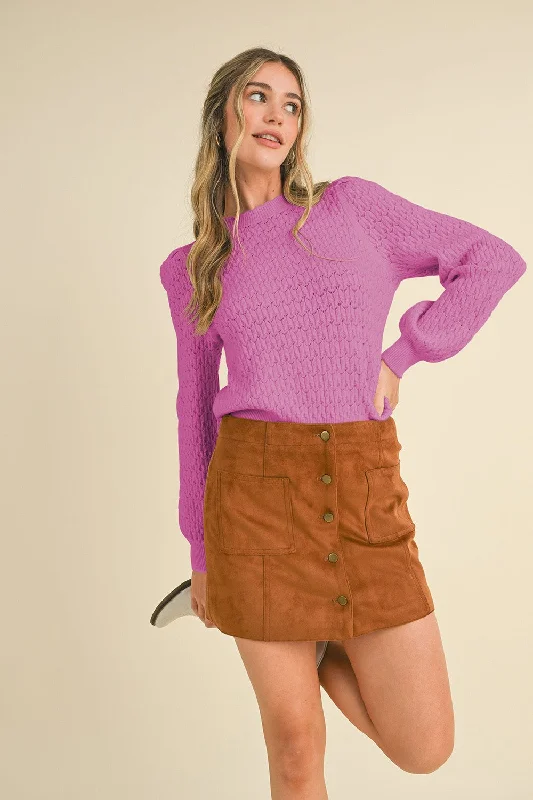 Puff Sleeve Pointelle Sweater in Orchid Cool Women's Distressed