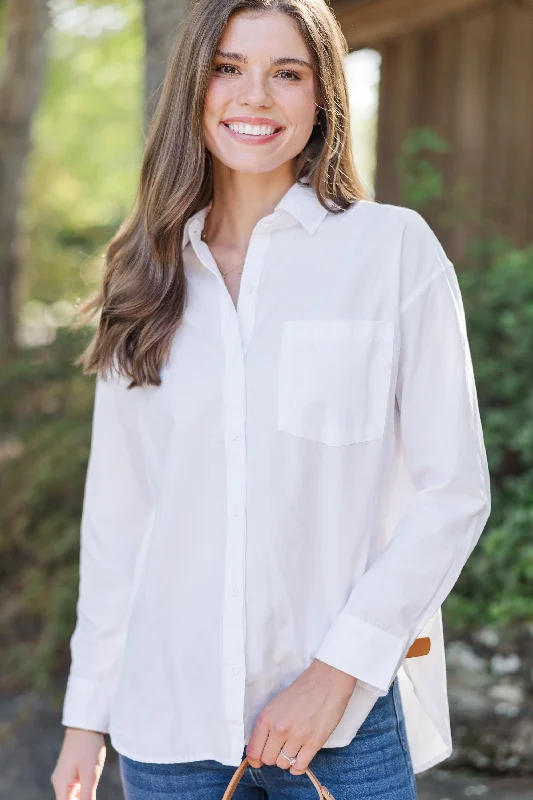Stay Close White Button Down Blouse Artistic Women's Hand - painted