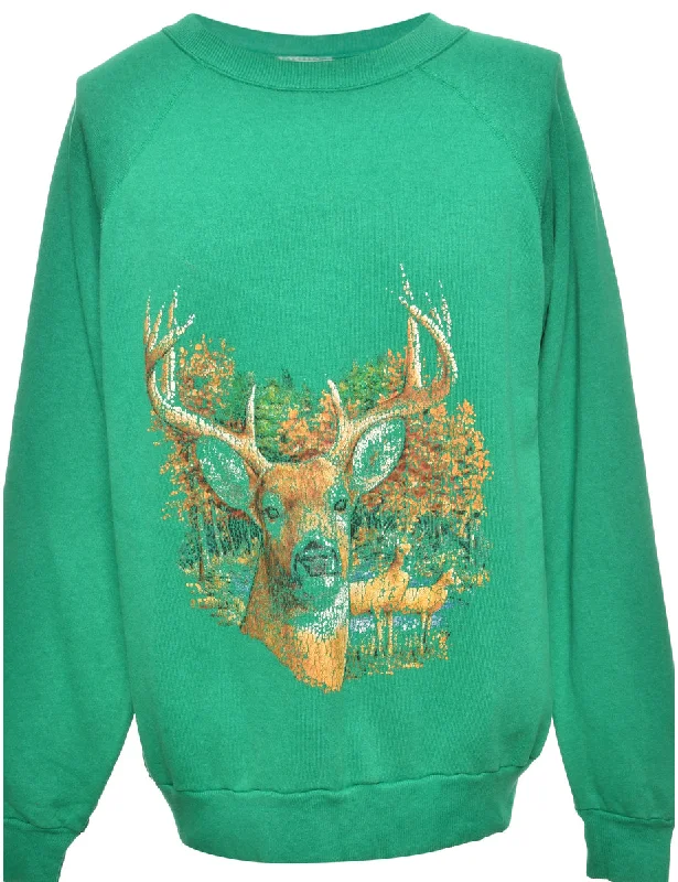 Green Reindeer Print Christmas Sweatshirt - L Tough Women's Military - inspired