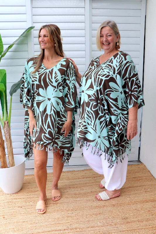 Short Kaftan With Tassels In Hibiscus Mint Youthful Women's Pop