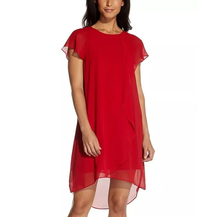 Adrianna Papell Women's Chiffon Ruffle-Front Shift Dress Red Size Large Street