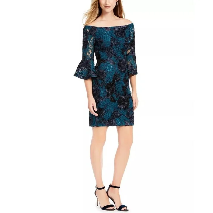 Adrianna Papell Women's Soutache Off The Shoulder Dress Blue Size 10 Geometric