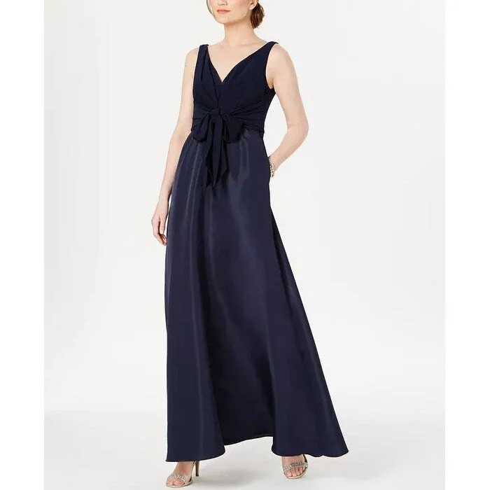 Adrianna Papell Women's V-Neck Tie-Waist Gown Navy Size 4 Compression