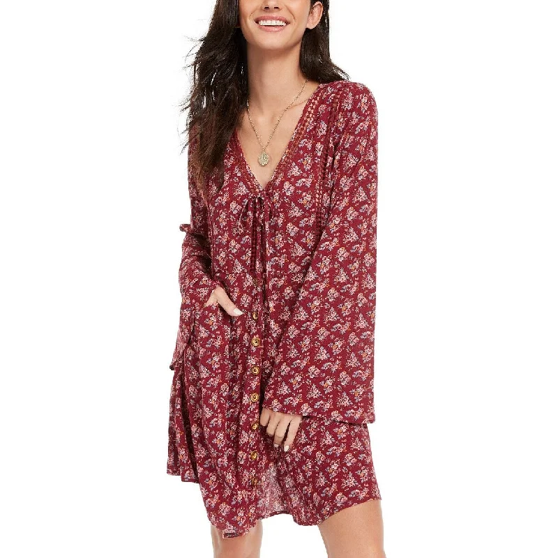 American Rag Juniors' Printed Bell-Sleeved Mini Dress Dark Red Size Medium Preppy Women's College