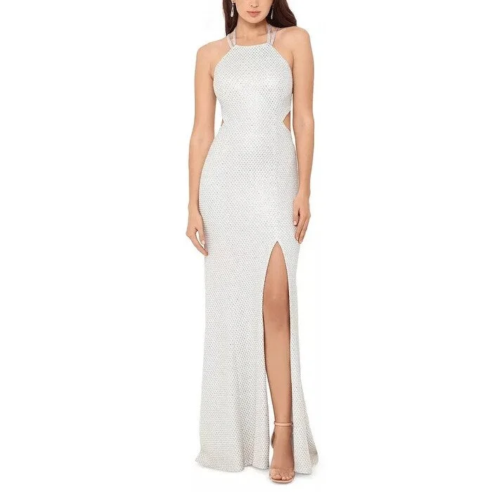 Betsy & Adam Women's Open Back Metallic Gown White Size 8 Compression