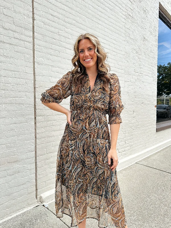 Brown Paisley Midi Dress Cozy Women's Sherpa - lined