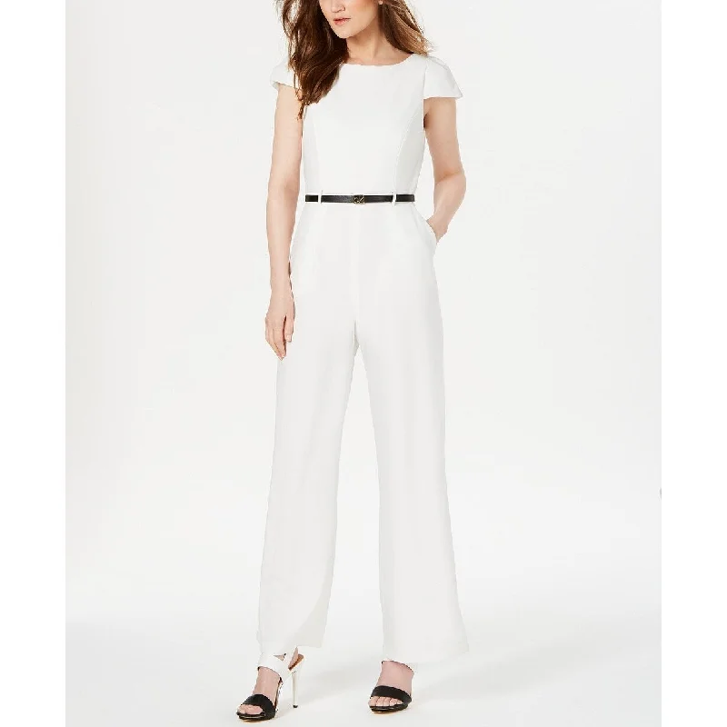 Calvin Klein Women's Belted Cap-Sleeve Jumpsuit White Size 16 Youthful Women's Pop