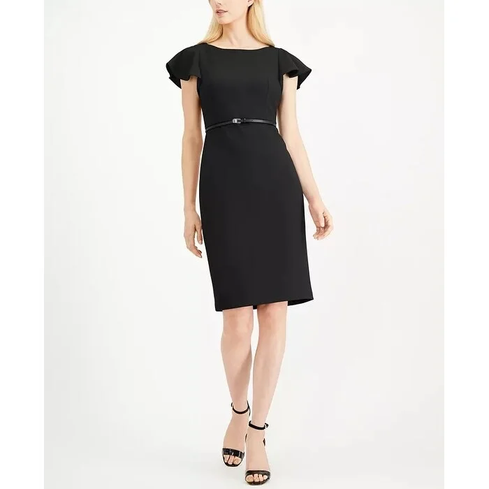 Calvin Klein Women's Belted Ruffle Sleeve Sheath Dress Black Size 14 Refined Women's 
