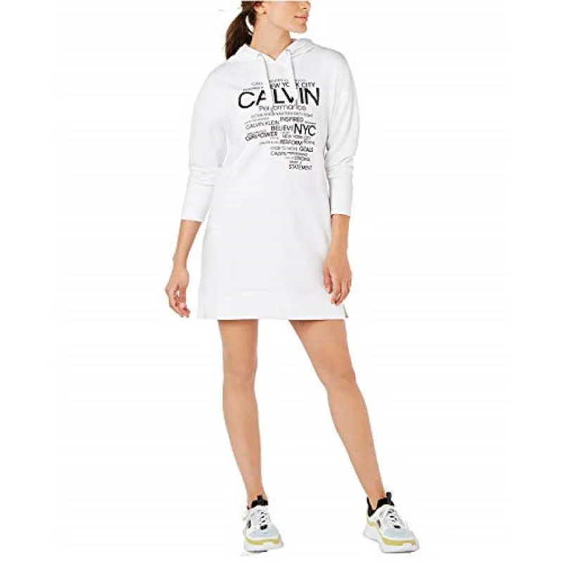 Calvin Klein Women's Performance Logo-Graphic Hoodie Dress White Size Large European