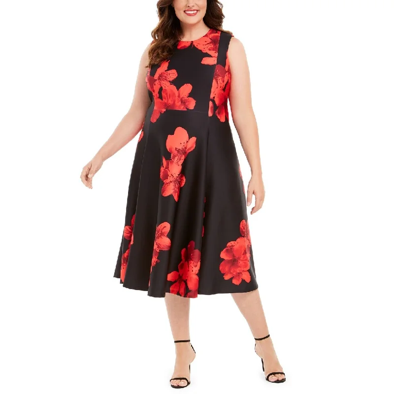 Calvin Klein Women's Plus Size Floral-Print Fit & Flare Dress Red Size 16W Cool Women's Distressed