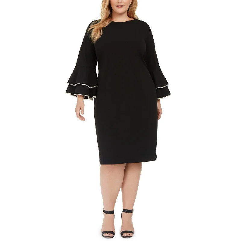 Calvin Klein Women's Plus Size Pearly-Trim Bell-Sleeve Dress Black Size 20W Athletic Women's High - 