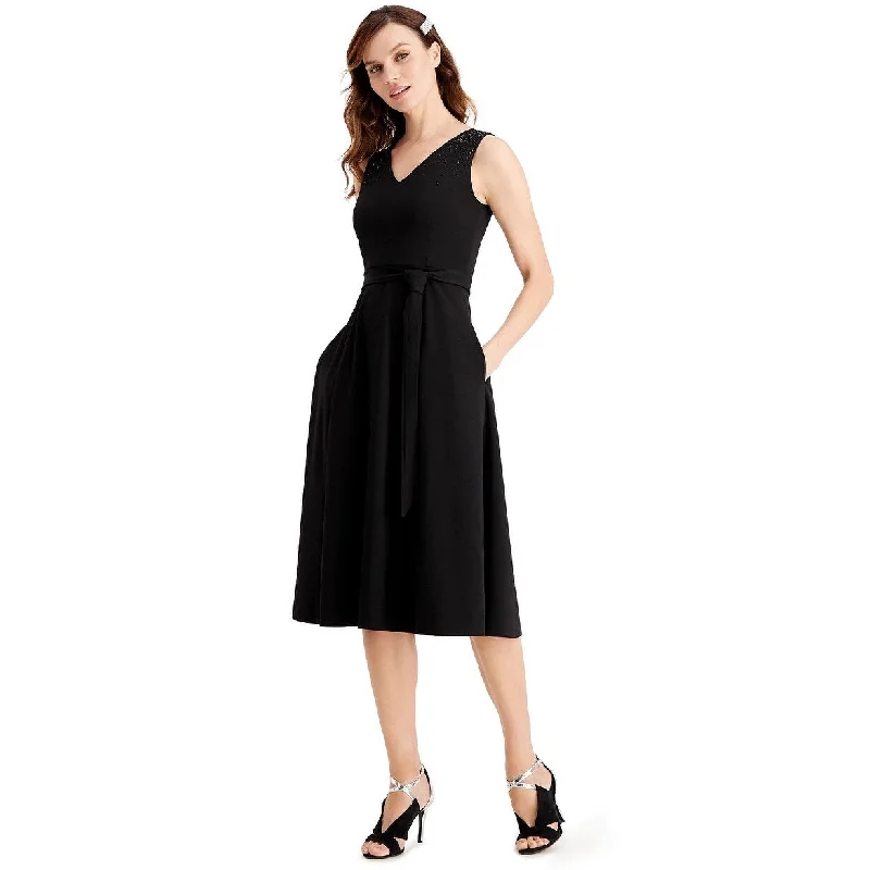 Calvin Klein Women's Shoulder Embellished Belted Dress Black Size 16 Modern Women's Tech