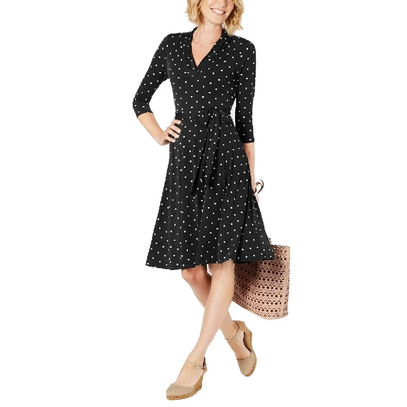 Charter Club Women's Petite Dot-Print Belted Swing Dress Black Size Large Earthy Women's 