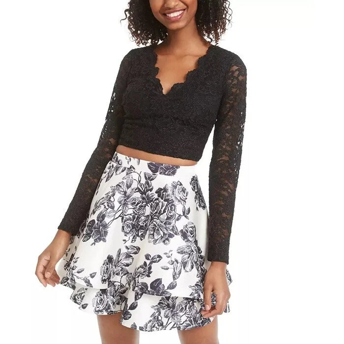 City Studios Junior's 2 Pc Lace & Floral Print Dress Black Size 1 Sophisticated Women's Tailored