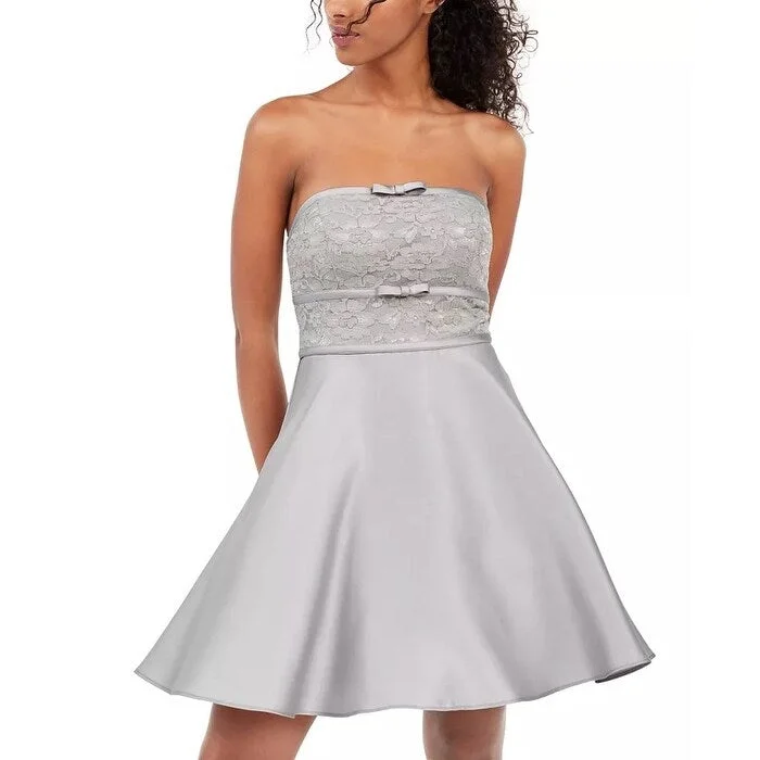 City Studios Juniors' Strapless Lace Bow Dress Gray Size 3 Vintage Women's 1970S 