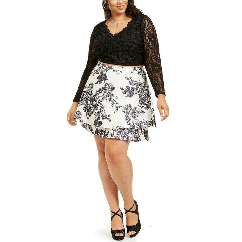 City Studios Women's Plus Size 2-Pc. Glitter Lace & Floral-Print Dress Black Size 24W Women