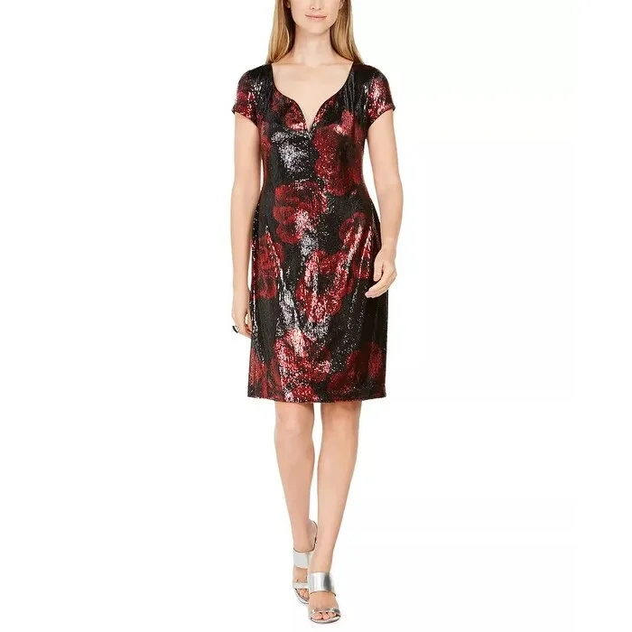Connected Women's Sequined Floral Print Dress Red Size 8 Cozy Women's Winter