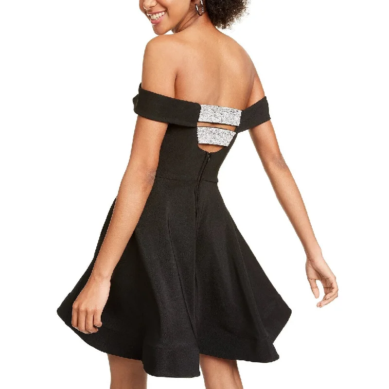 Crystal Doll Juniors' Off-The-Shoulder Fit & Flare Dress Black Size Large Cozy Women's Sherpa - lined