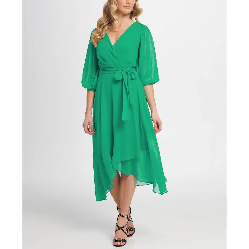 DKNY Women's Balloon Sleeve V-Neck Wrap Dress Green Size 16 Cashmere