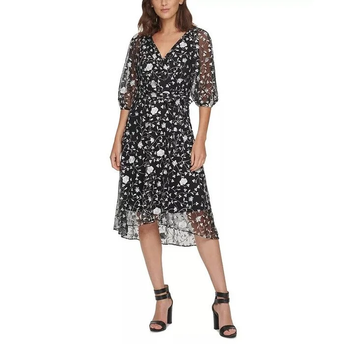 DKNY Women's Floral-Embroidered Faux-Wrap Dress Gray Size 12 Disco