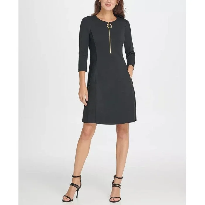 DKNY Women's Ponte And Leather Combo Zipper Fit & Flare Dress Black Size 12 Classic Women's Pin - striped