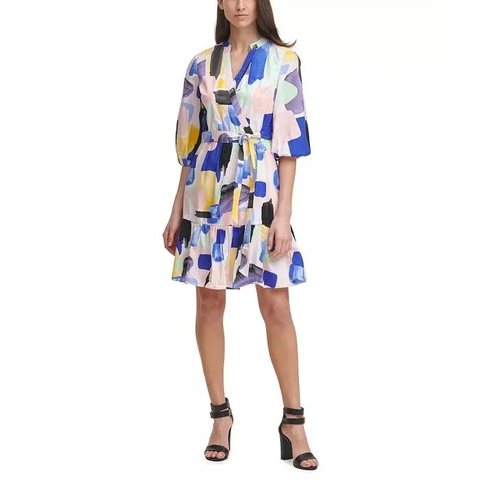 DKNY Women's Printed Balloon-Sleeve Dress Gray Size 8 Unique Women's Upcycled