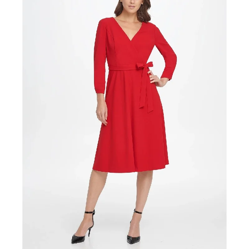 DKNY Women's Ruched Sleeve Surplice Fit & Flare Dress Red Size 16 Sporty Women's Tennis