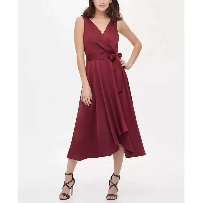 DKNY Women's Sleeveless Double V Faux Wrap With Belt Red Size 12 Hip Women's Urban