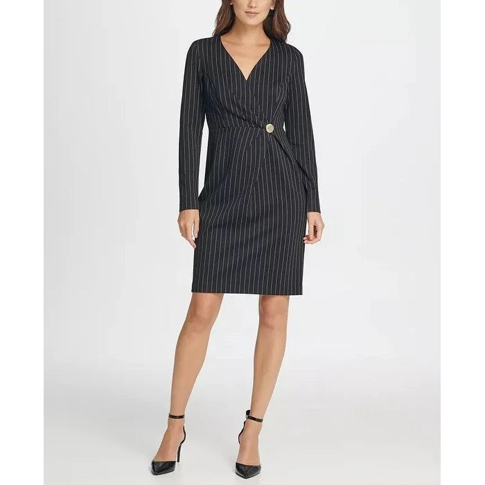DKNY Women's V Neck Pinstripe Gold Button Coat Dress Grey Size 2 Feminine Women's Style 