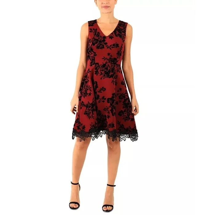 Donna Ricco Women's Floral Flocked Scuba Crepe Dress Red Size 8 Sporty Women's Tennis