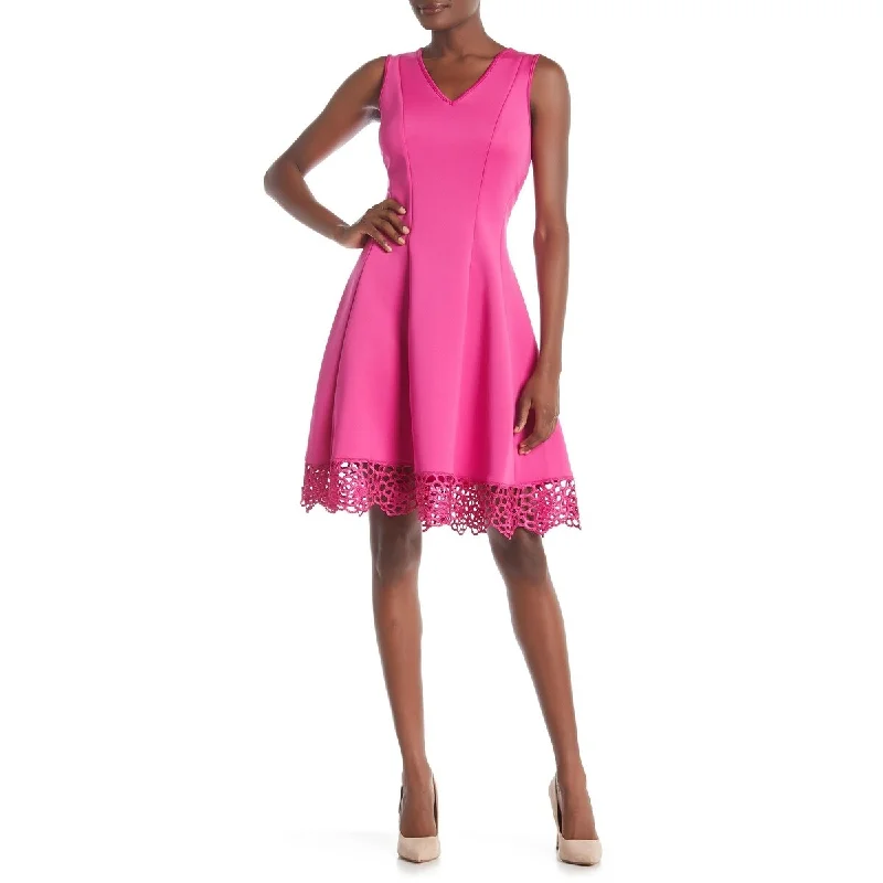 Donna Ricco Women's V-Neck Crochet Hem Fit and Flare Dress Fuchsia Size 12 Feminine Women's Soft 