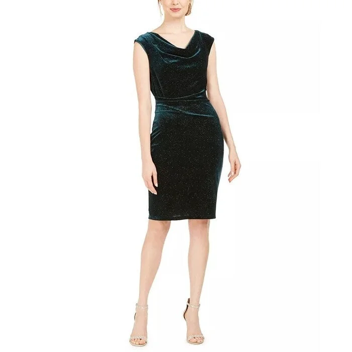 Jessica Howard Women's Cowlneck Glitter Velvet Sheath Dress Dark Green Size 10 Refined Women's 