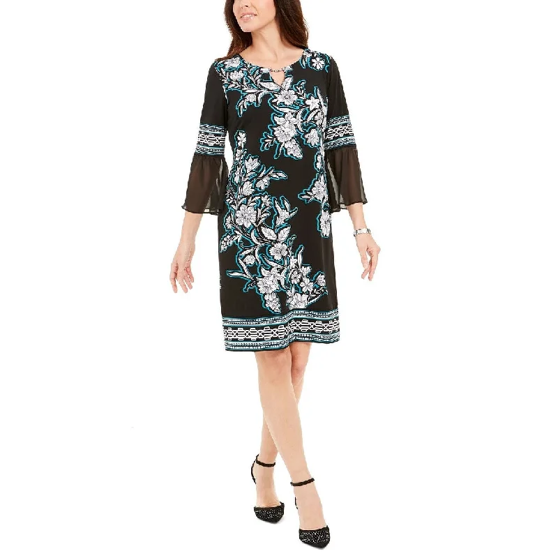 JM Collection Women's Chiffon-Sleeve Dress Navy Size Small Artistic Women's Hand - painted