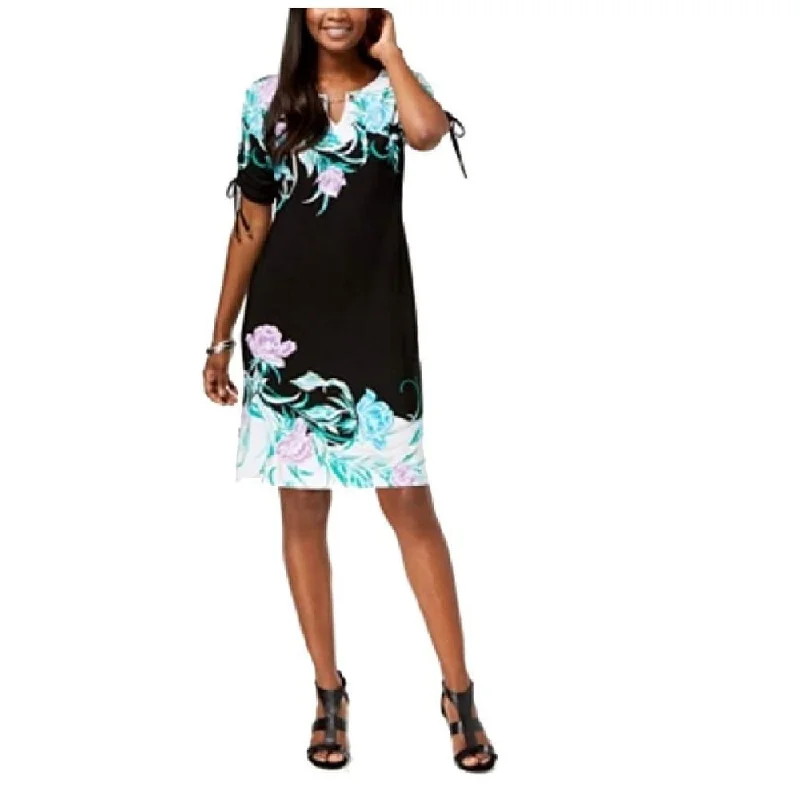 JM Collection Women's Printed Ruched-Sleeve Dress Black Size Large Dynamic Women's Moto