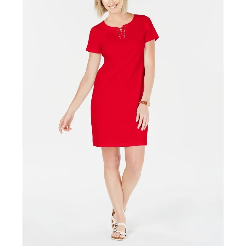 Karen Scott Women's Cotton Lace Up Split Neck Dress Red Size X-Large Casual Women's Japanese 