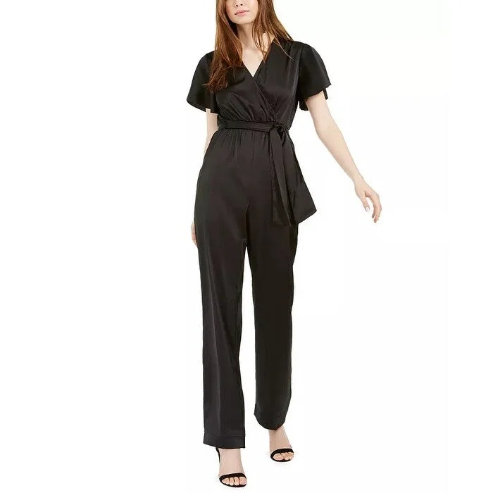 Kendall + Kylie Women's Faux Wrap Tie Waist Jumpsuit Black Size Large Contemporary 