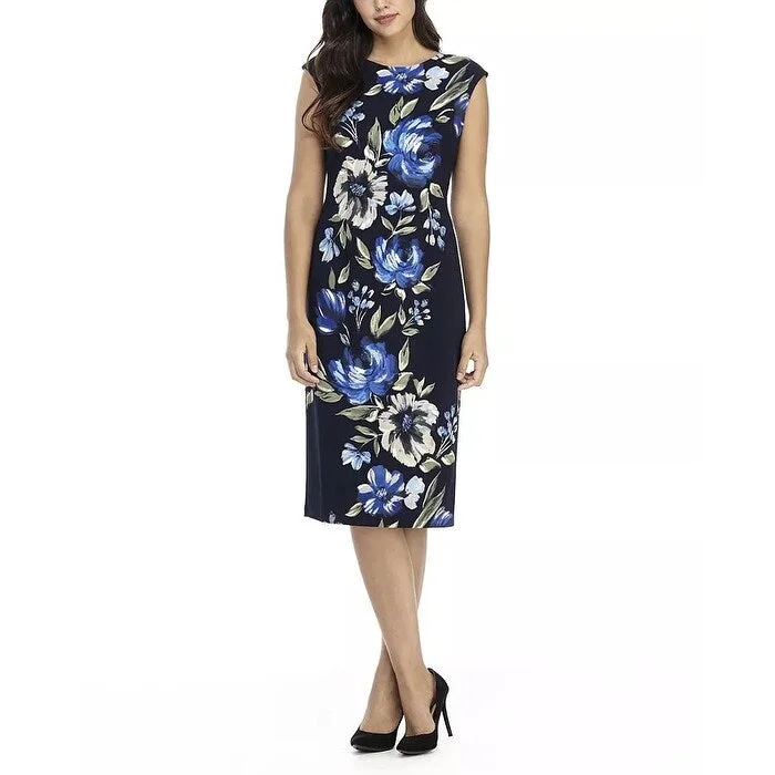London Times Women's Printed Midi Sheath Dress Blue Size 10 Petite - 10P Relaxed Women's Beachy