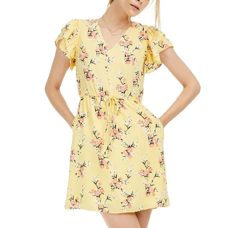 Maison Jules Women's Floral-Print Flutter-Sleeve Dress Yellow Size Extra Large - X-Large Cozy Women's Winter