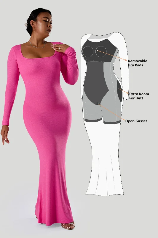 Solid Long Sleeve Dress With Built in Shapewear Sporty Women's Athleisure 
