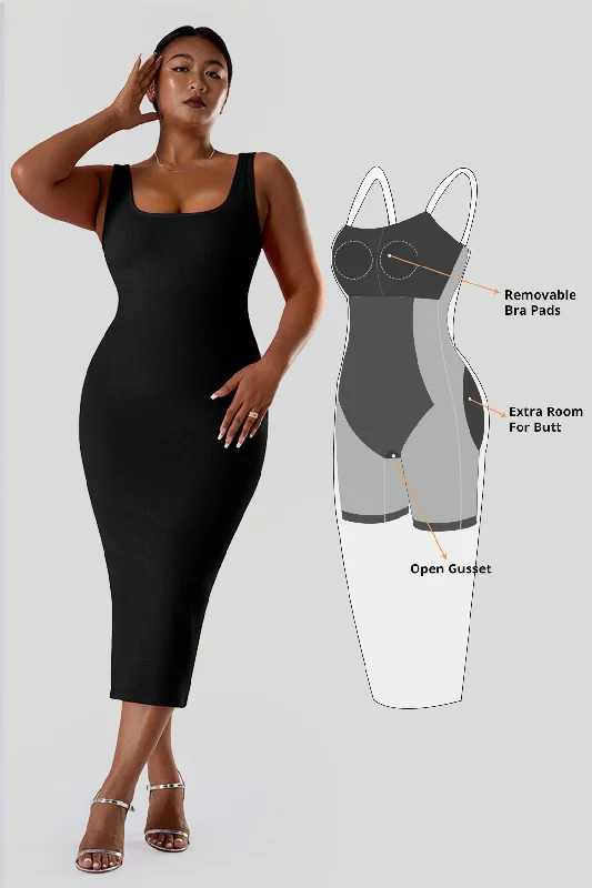 Solid Sleeveless Dress With Built in Shapewear Sleek Women's Metallic