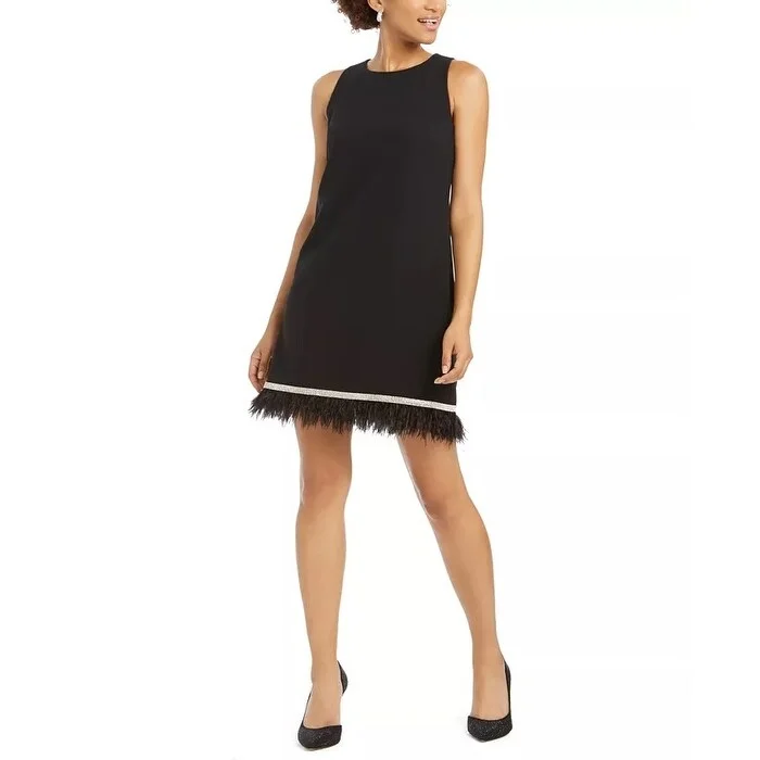 MSK Women's Embellished Feather-Trim Shift Dress Black Size Medium Streetwear Style for 
